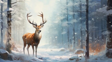 Noble deer male in winter snow forest Generative AI