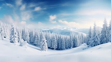 Panoramic Nature Winter background with snowy pine tree Generative AI