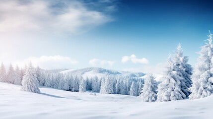 Obraz premium Panoramic Nature Winter background with snowy pine tree Generative AI