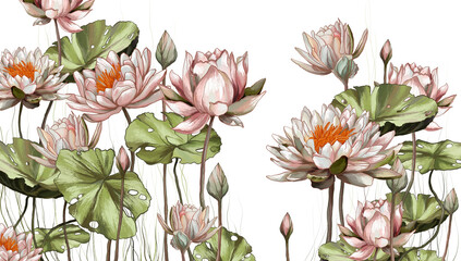 Artistic drawing of water lilies on a white background in light pink tones, photo wallpaper in the interior