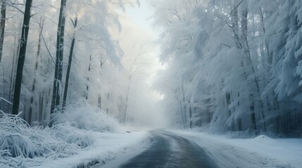 Naklejka premium View of forest road in winter Generative AI