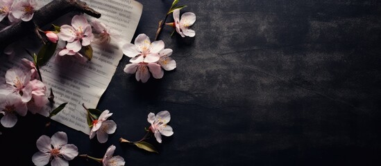 Obraz na płótnie Canvas Top-down view of a stack of old, ripped vintage letters on yellowed paper placed on a black granite table, accompanied by a branch of cherry blossoms. This retro-themed image showcases a vintage