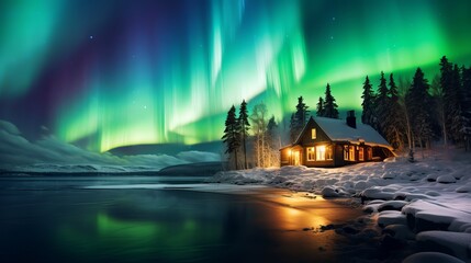 Cottage against the night sky with the Milky Way and the arctic Northern lights Aurora Borealis in snow winter Finland Generative AI - obrazy, fototapety, plakaty