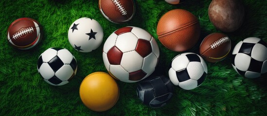 A top-down view of sport balls such as football and basketball, placed on a grass surface with empty space around them.