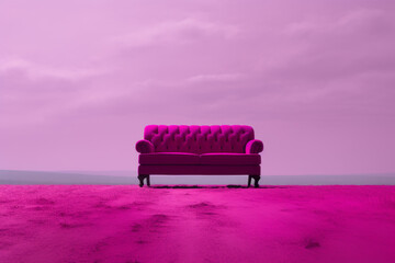 A post-minimalist scene of a sofa on the grass in shades of magenta. Duotone design, bold and evocative colors. Generative AI.
