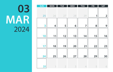 March 2024 Calendar Planner - vector illustration. Template. Mock up