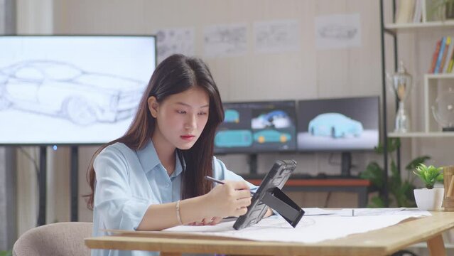 Side View Of Asian Female Thinking About New Car Concept Then Raising Index Finger While Drawing On Tablet In The Studio With Tv And Computers Display 3D Electric Car Model 
