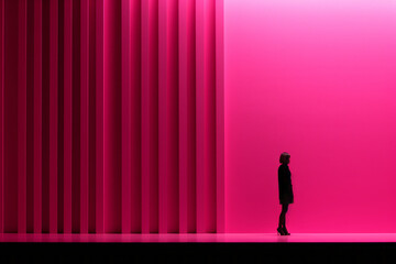 A lone woman walks in front of a huge magenta grunge wall. Post minimalism. Generative AI.