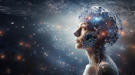 the image depicts a futuristic human head made of a network of interconnected wires and circuits that emit a faint blue light, representing the complexity and vitality of artificial intelligence.