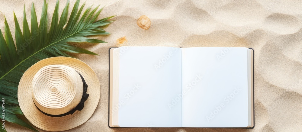 Poster A flat lay image showing a blank writing book with summer beach accessories in the background. copy space available in the image.