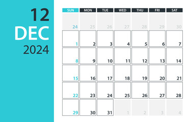 December 2024 Calendar Planner - vector illustration. Template. Mock up.