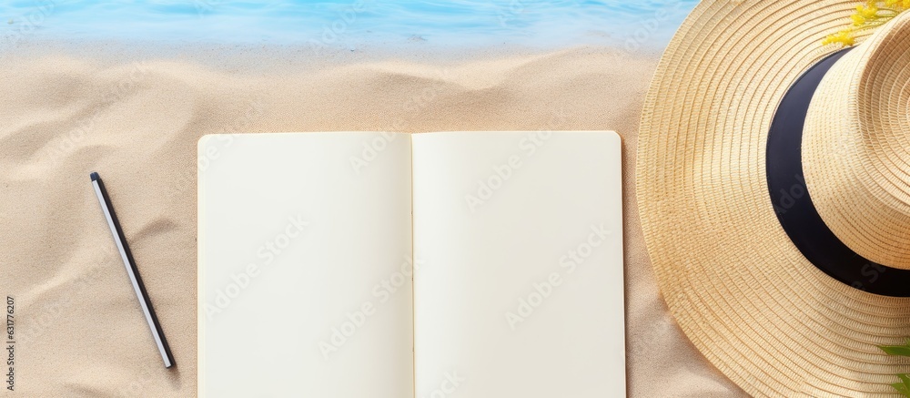 Poster flat lay image with a blank writing book and various summer beach accessories in the background. has