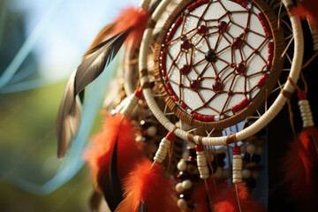 Handmade dream catcher with feathers threads and beads rope close up