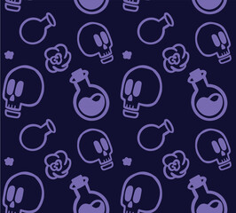 Seamless pattern with skulls and magic, magic, wizard, potion on a dark background. Simple vector doodle style.