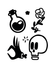 A set of silhouette figures about magic and sorcery. Potion jar, flowers, zombie hand, skull. Vector old school style in black and white simple style.