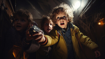 Fototapeta premium Kids exploring a haunted house with flashlights, Halloween Generative AI