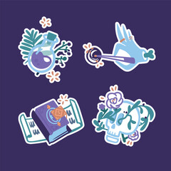 A set of stickers about wizards and magic. A potion, a hand with a magic wand, a spell book, a skull with flowers. Vector simple stroke style.