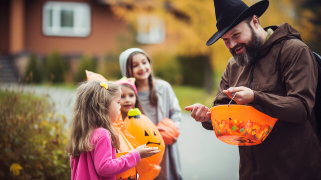 Trick-or-treaters receiving candies from a friendly neighbor, Halloween Generative AI