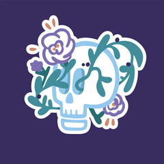 Sticker with a skull sprouted with grass and flowers. Life and death, contrast, vector simple doodle sticker with stroke.
