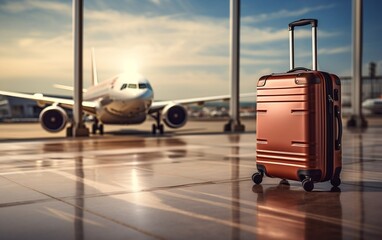 Luggage on the Airport Terminal with Airplanes, Generative Ai