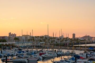 Boats in the harbor during sunset at Big Canary Sports Dock (Muelle Deportivo de Las Palmas), Las...