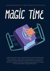 Magic time, magic poster, spell book, template vertical, simple vector doodle cartoon style