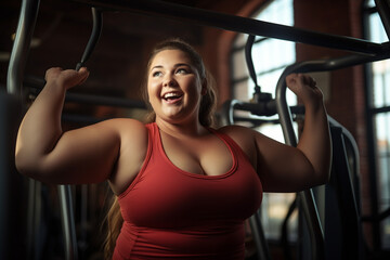 Overweight woman in the gym doing cardio exercise