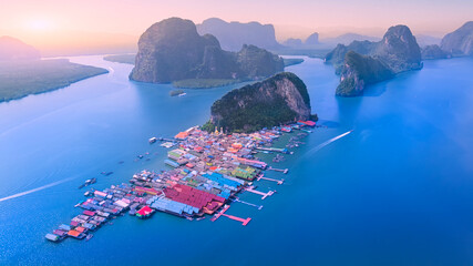Aerial view of Koh Panyee is a fishing village in Phang Nga province, Thailand. There is a floating...