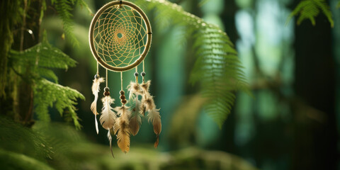  Handmade dream catcher with feathers threads and beads rope hanging in forest


