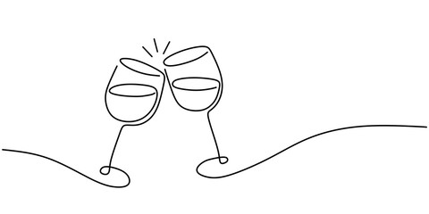 Continuous one line drawing of two glasses of red wine. Minimalist linear concept of celebrate and cheering. Editable stroke Vector illustration - obrazy, fototapety, plakaty