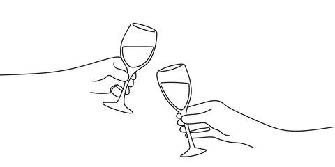 Continuous one line drawing of two glasses of red wine. Minimalist linear concept of celebrate and cheering. Editable stroke Vector illustration