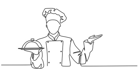continuous line drawing of chef preparing food transparent background