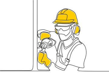 Single continuous line drawing of young construction worker. Building architecture business concept. One line draw design transparent background PNG	
