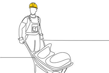 Single continuous line drawing of young construction worker. Building architecture business concept. One line draw design transparent background PNG	