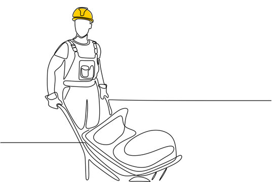 Single continuous line drawing of young construction worker. Building architecture business concept. One line draw design vector	
