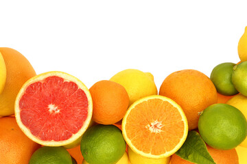 Fresh mixed citrus fruits isolated on white transparent background, PNG