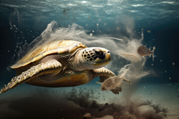 a sea turtle swimming with some fish and some sand, ai generated.