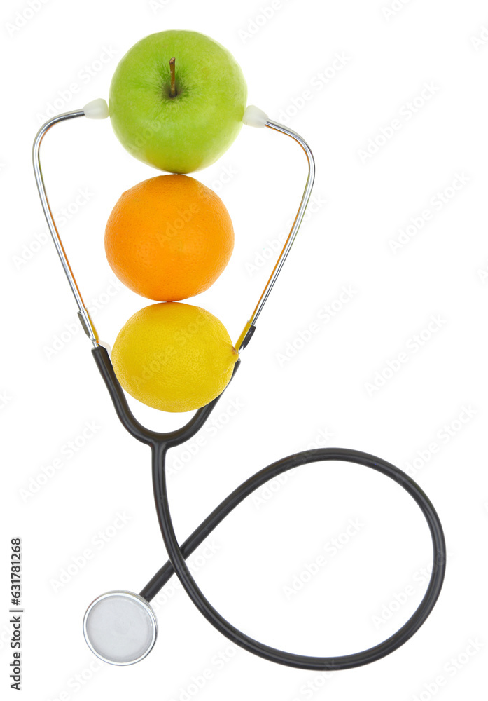 Wall mural Fresh fruits and medical stethoscope isolated on white transparent background, PNG