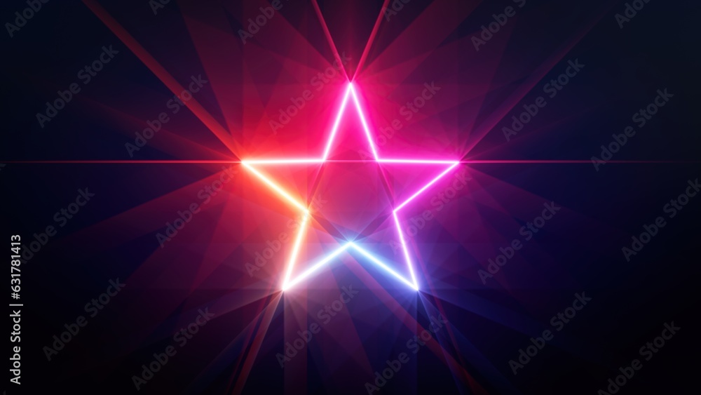 Poster 3d render, abstract background with neon star glowing in the dark. simple linear symbol. minimalist 