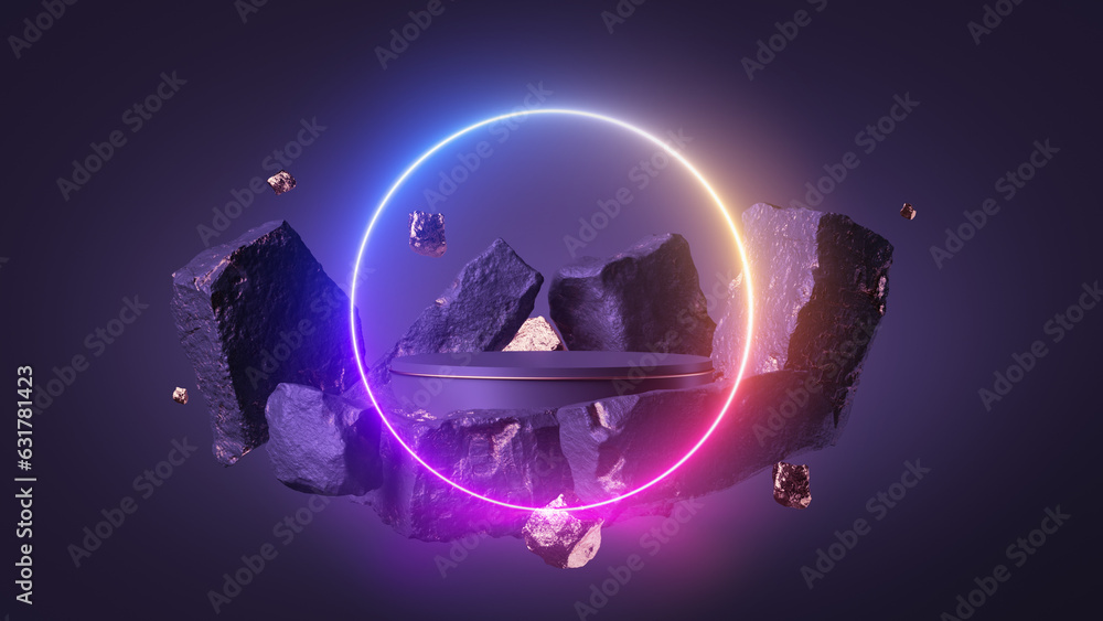 Poster 3d render, abstract background of black rock cobblestone ruins and golden nuggets levitating behind 