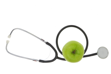 Green apple and medical stethoscope isolated on white transparent background, PNG