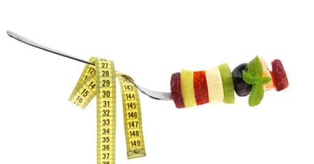 Healthy lifestyle, Fresh fruits slices and a measure tape isolated on white transparent background, PNG