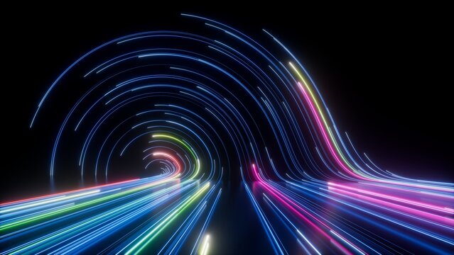 3d rendering, abstract digital background. Neon lines glow in the dark. Futuristic minimalist wallpaper
