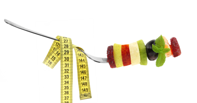 Healthy lifestyle, Fresh fruits slices and a measure tape isolated on white transparent background, PNG