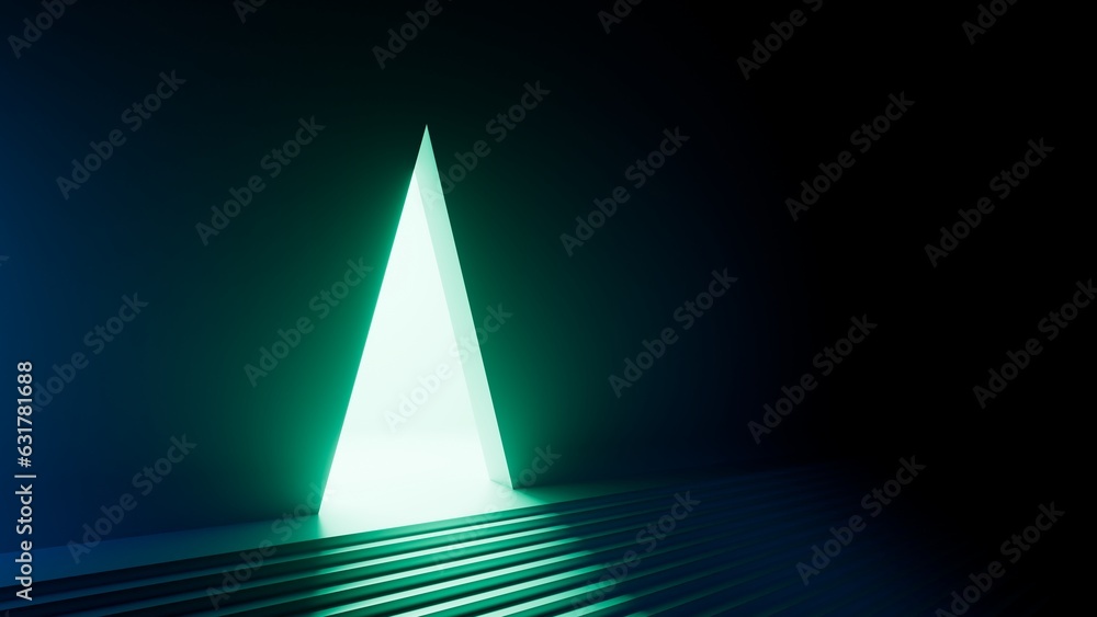 Poster 3d rendering, abstract geometric background. triangular doorway portal glowing in the dark with magi
