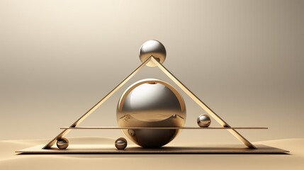 Sphere ball on balance on an inverse pyramid prism geometric shape on pink background. Abstract 3D illustration.