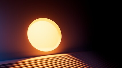 3d rendering, abstract minimalist geometric background. Warm orange light. Round hole in the wall, glowing in the dark