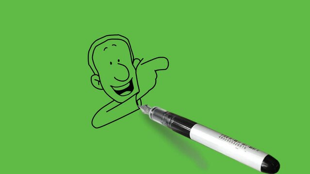 draw close view of young man hold modern electric device tablet in hand and smile with black outline on abstract green screen background 
