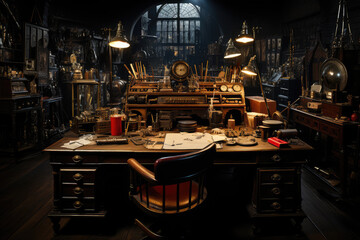 large office of speakeasy 1920s, desk, paperwork, open safe, ai generated.