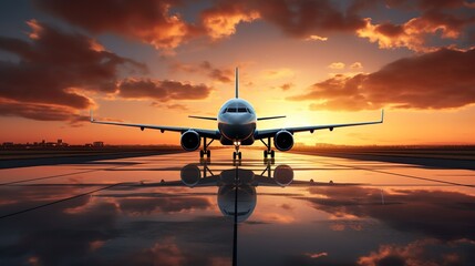 transportation airplane jet flying above dramatic clouds in beautiful sunset light. Travel concept.